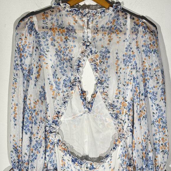 Angel Biba Floral White Blue Open Back Ruffle Chiffon Dress Size Medium Boho - Picture 8 of 10